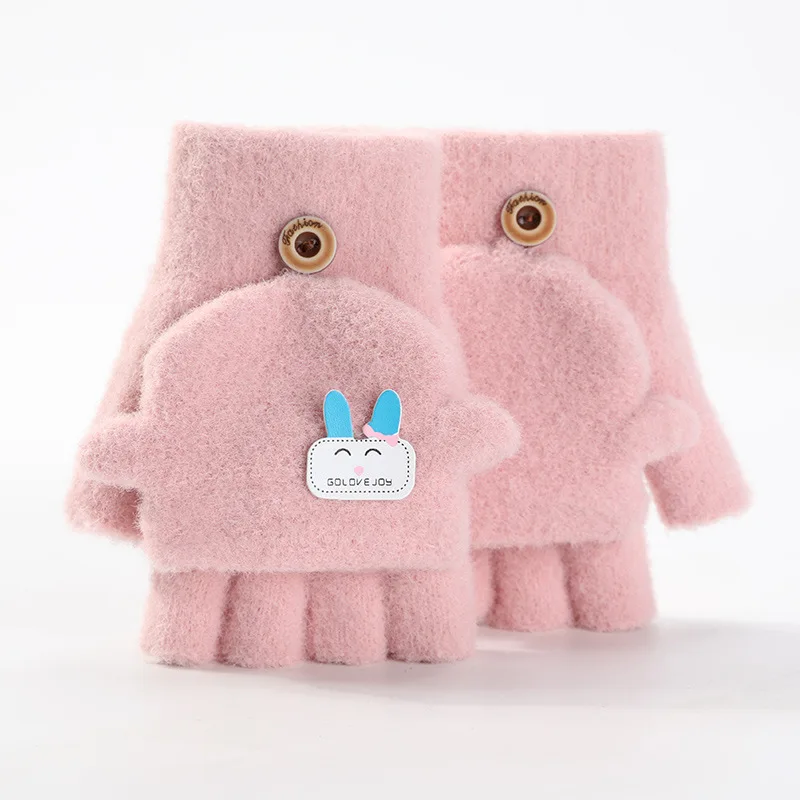 Winter Windproof antifreeze velvet warm 3-6 years Kids Gloves Children cartoon half finger knitted mittens