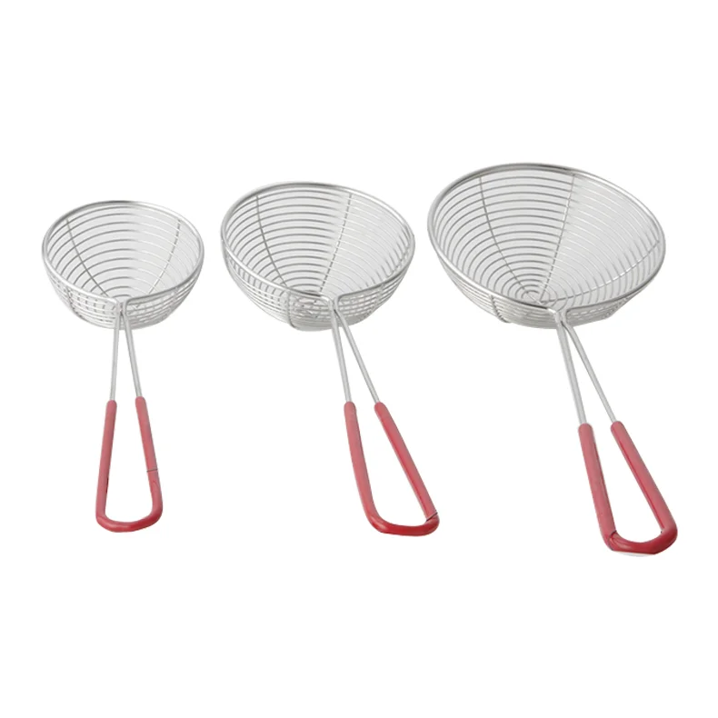 Commercial Wholesale Stainless Steel Kitchen Gadgets Small Mesh Sieve Round Food Strainers With Red Handle