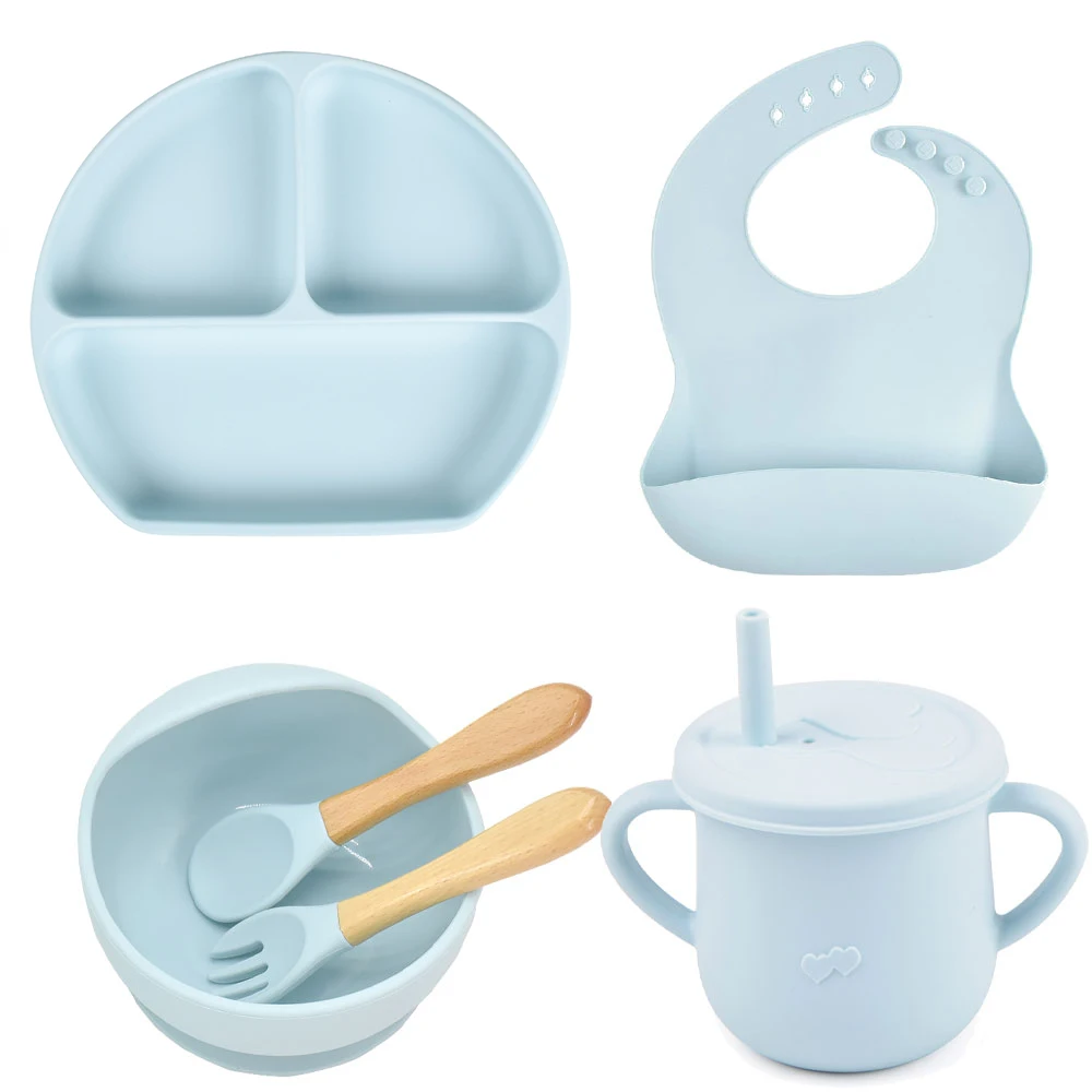 New Feeding Supplies 6PCS Stock Baby Silicone Feeding Set Baby Suction Plate, Bowl, Bib, Sippy Cup Set