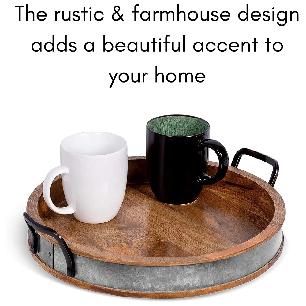 
Wooden Serving Tray with Handles Iron Accents Round Barrel Top Breakfast Trays Tea Cheese Board Coffee Table Decor Natural Wood 