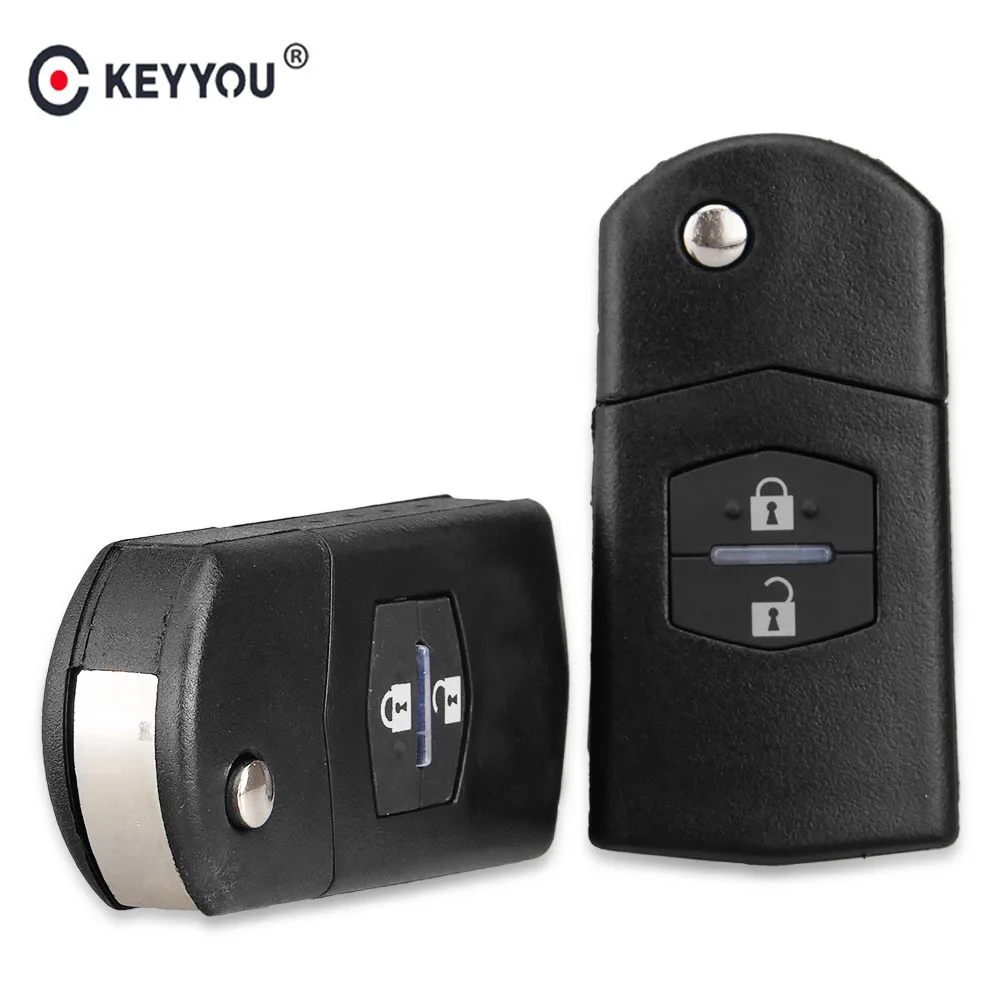 
KEYYOU 2 Button Remote Key Fob Shell Case Folding Flip With Uncut Blade For Mazda 3 5 6 