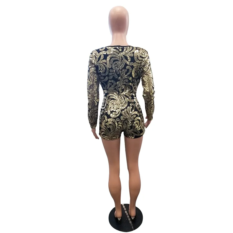 Fashion Long Sleeves Deep V Gold Sequins Bodysuits Lady Sexy Bodycon Jumpsuits Women Club Party One Piece Playsuits Plus Size