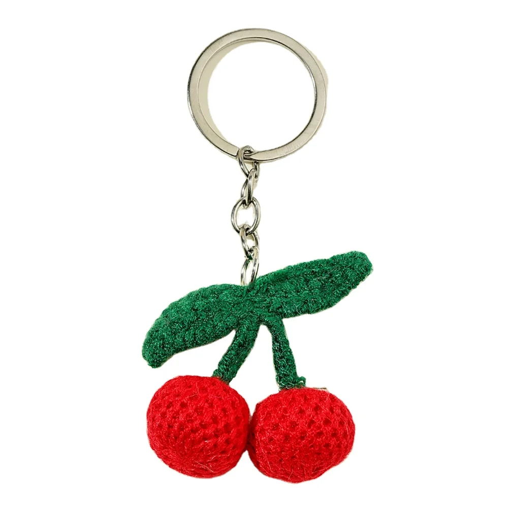Custom Handcraft Gift Keyring Small Plushie Woven Hand Knitted Cherry Crochet Plush Strawberry Fruit Keychain Toys Ring