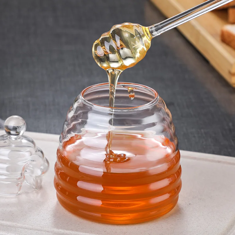 Wholesale household high borosilicate glass honey jar with lid glass stirring stick Honey bottle Creative glass transparent jar