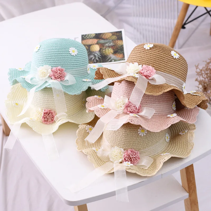 Girls straw hat summer new ribbon flower sun hat Sweet Summer Kids Hat for Wholesale