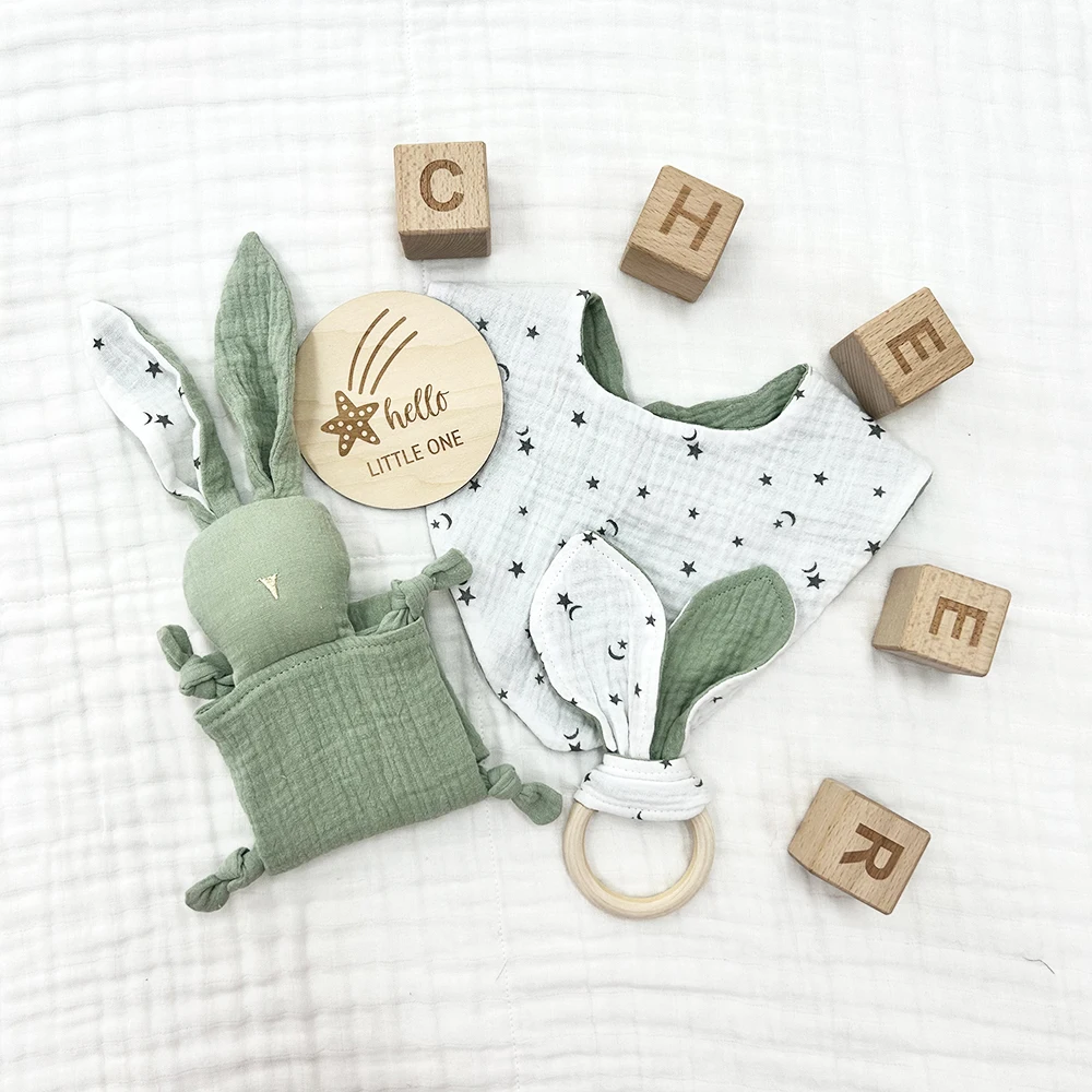 CHEER Soft Muslin Organic Cotton Baby Stuffed Animal Bunny Security Comforter Toy Blanket Set For Babies Gift Set