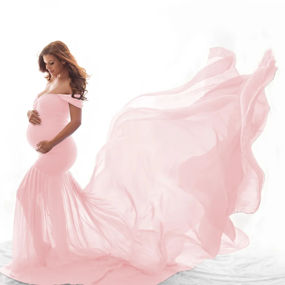 Pregnancy Clothing Cotton Chiffon Women Maternity Off Shoulder Half Circle Dress Shoot Photo Pregnant Dress for Photography