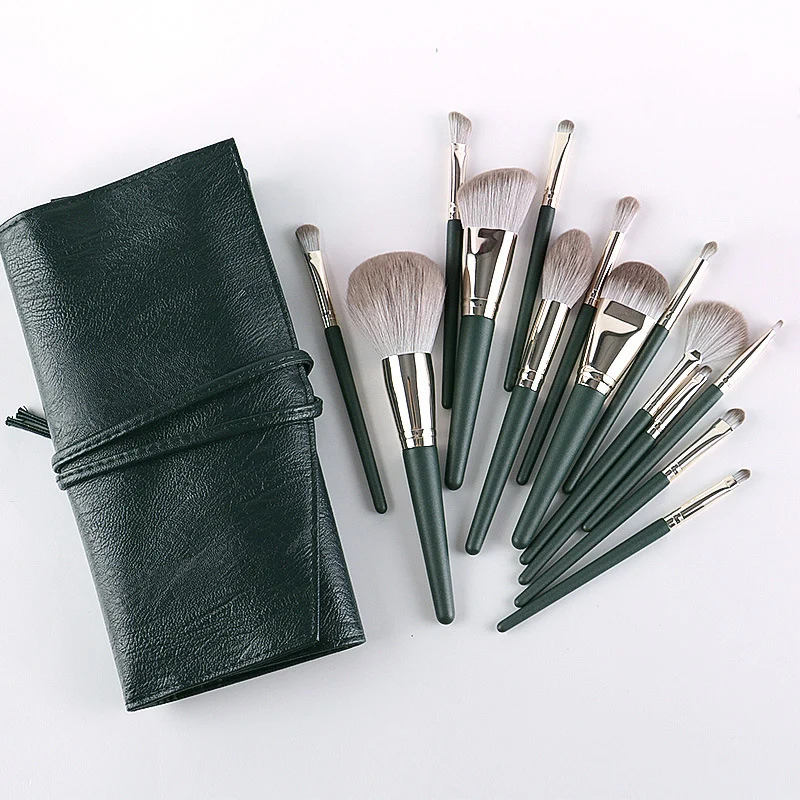 
Dropshipping high quality professional luxury 14 pcs eyeshadow palette kit makeup brush set with custom logo pu bag case 