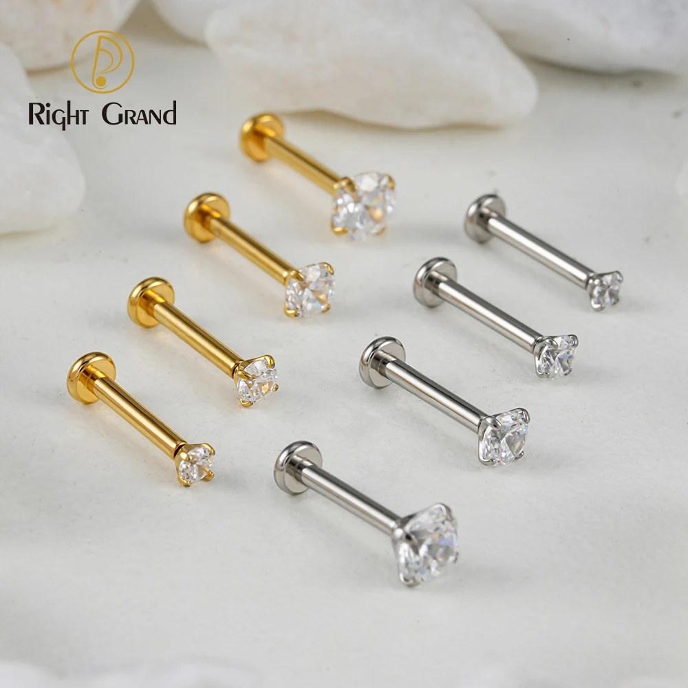 Right Grand ASTM F136 Titanium 18G/16G Threadless Push Pin Labret Stud CZ Cartilage Earring Helix Tragus Nose Stud Piercing