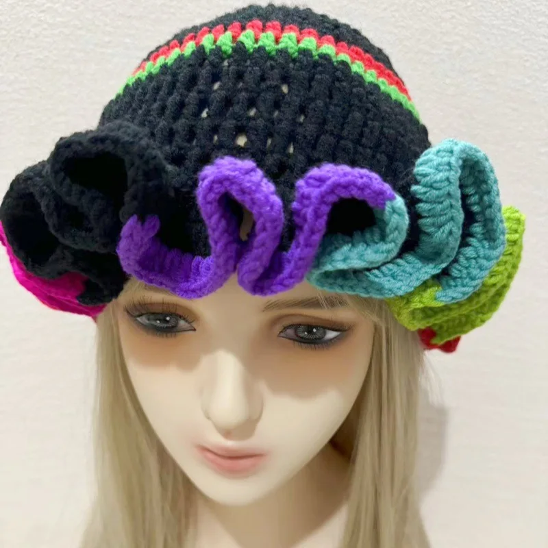 Custom Ruffle Slouchy Crochet Boho Hats Shopping Hand Made Stripe Beanie Ruffle Crochet Hats