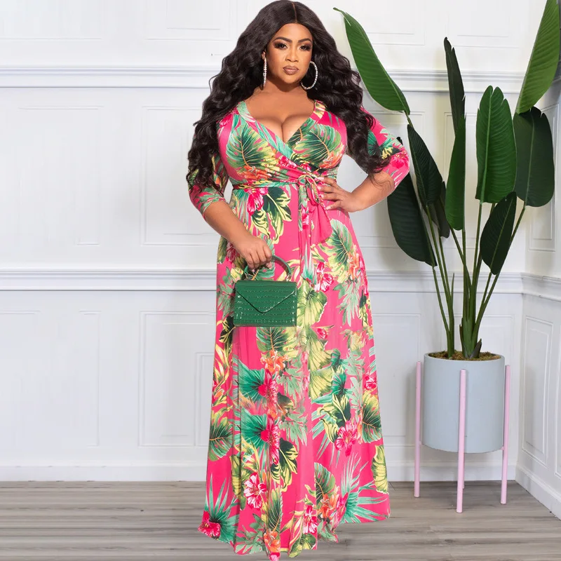 4xl 5xl Plus Size Maxi Dress Women 2022 Summer V Neck Short Sleeve Floral Print Yellow Dress for Women Large Size Beach Dresses