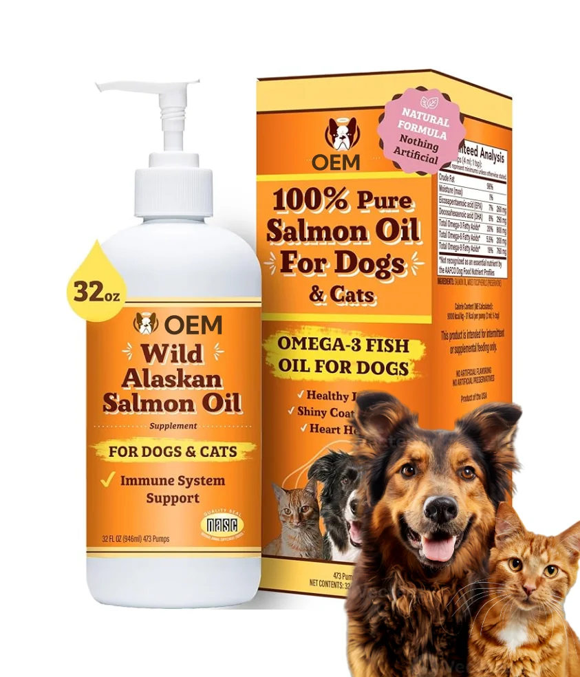 OEM Pet Natural Salmon oil Supplements Wild Alaskan Salmon Oil for Dogs Cats Skin Coat Joint Healthy Immune Support with Omega