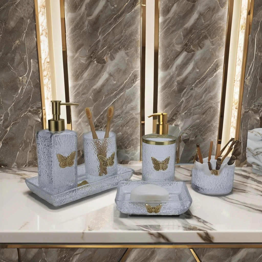 High Quality Luxury Glass Bathroom Accessories Set Eco-Friendly Metal Zinc Hot Sale for Home & Hotel Decor Boxed Toilet Cup