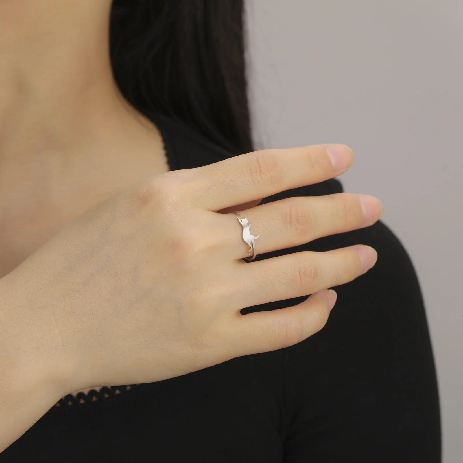 2024 Wholesale Hot simple cute cut Animal ring gold stainless steel cat adjustable fine ring for girls