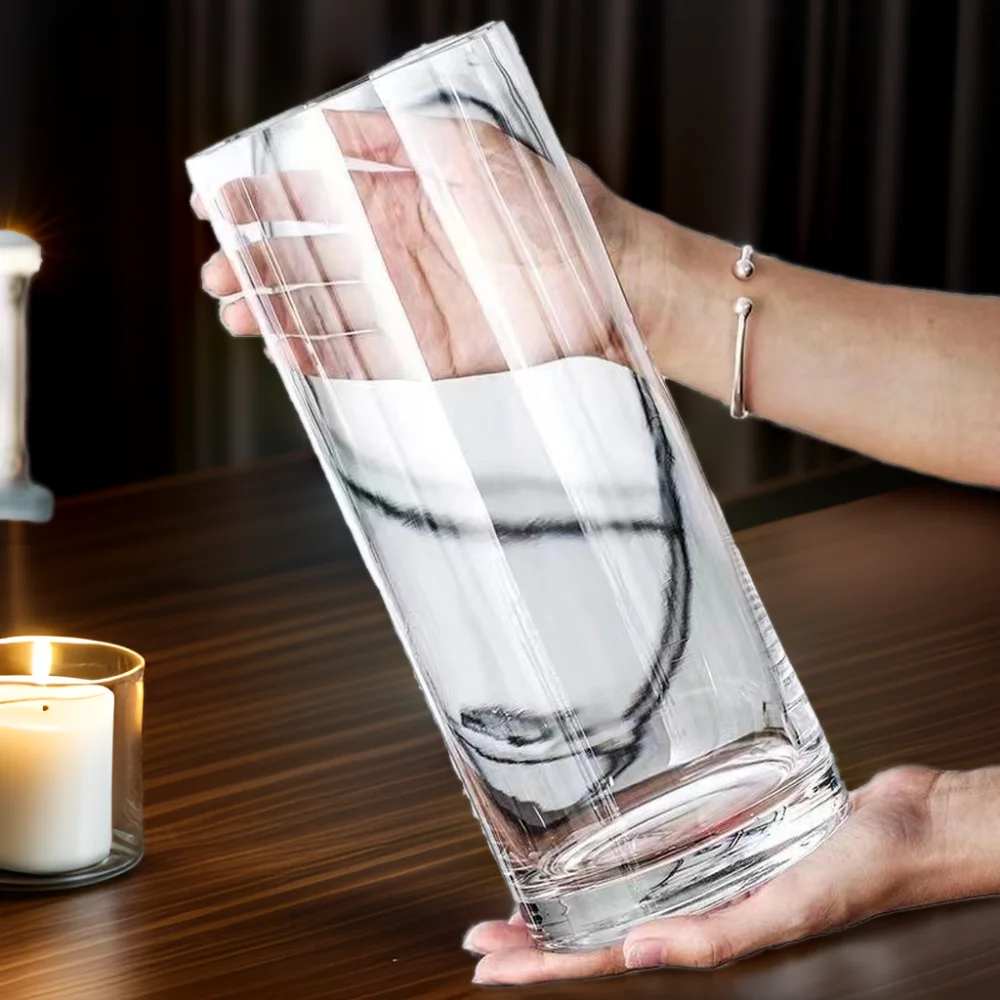 Wholesale Cheap Large Contemporary Cylinder Glass Vase Clear Elegant Wide Floor Candle Vase for Table Decoration