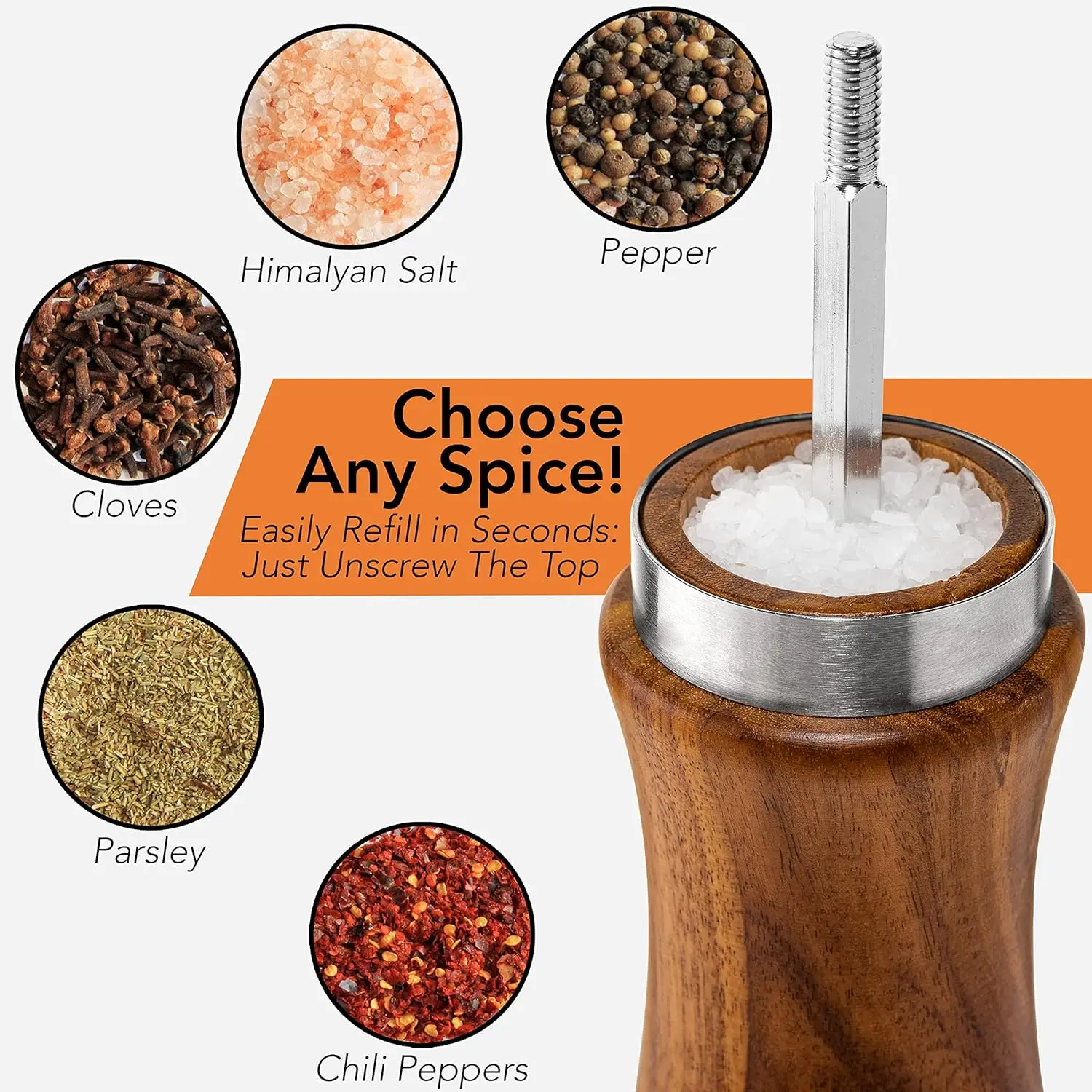 8 inch Acacia wood 2 Pack Salt and Pepper Grinder Set Shakers Wood Salt Shaker with Ceramic/Stainless Steel Core