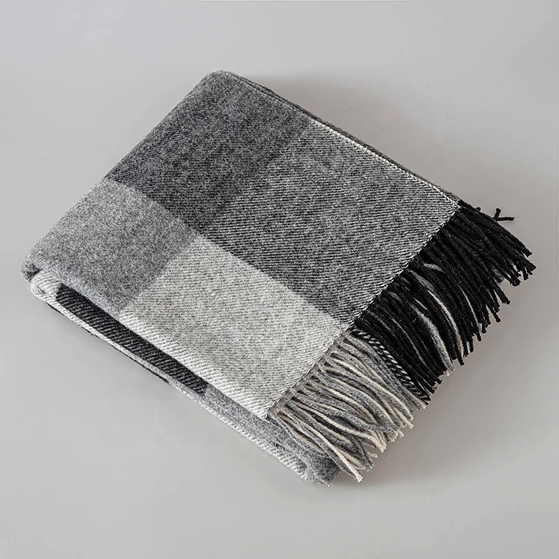 LUXURY SUPER SOFT WARM WOOL ACRYLIC BLEND PLAID THROW WITH FRINGED ENDS