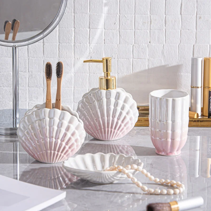 Gradient Ceramic Seashell Bath Sets Four Pcs Luxury Soap Dispenser Stoneware Bathroom Accessories Set