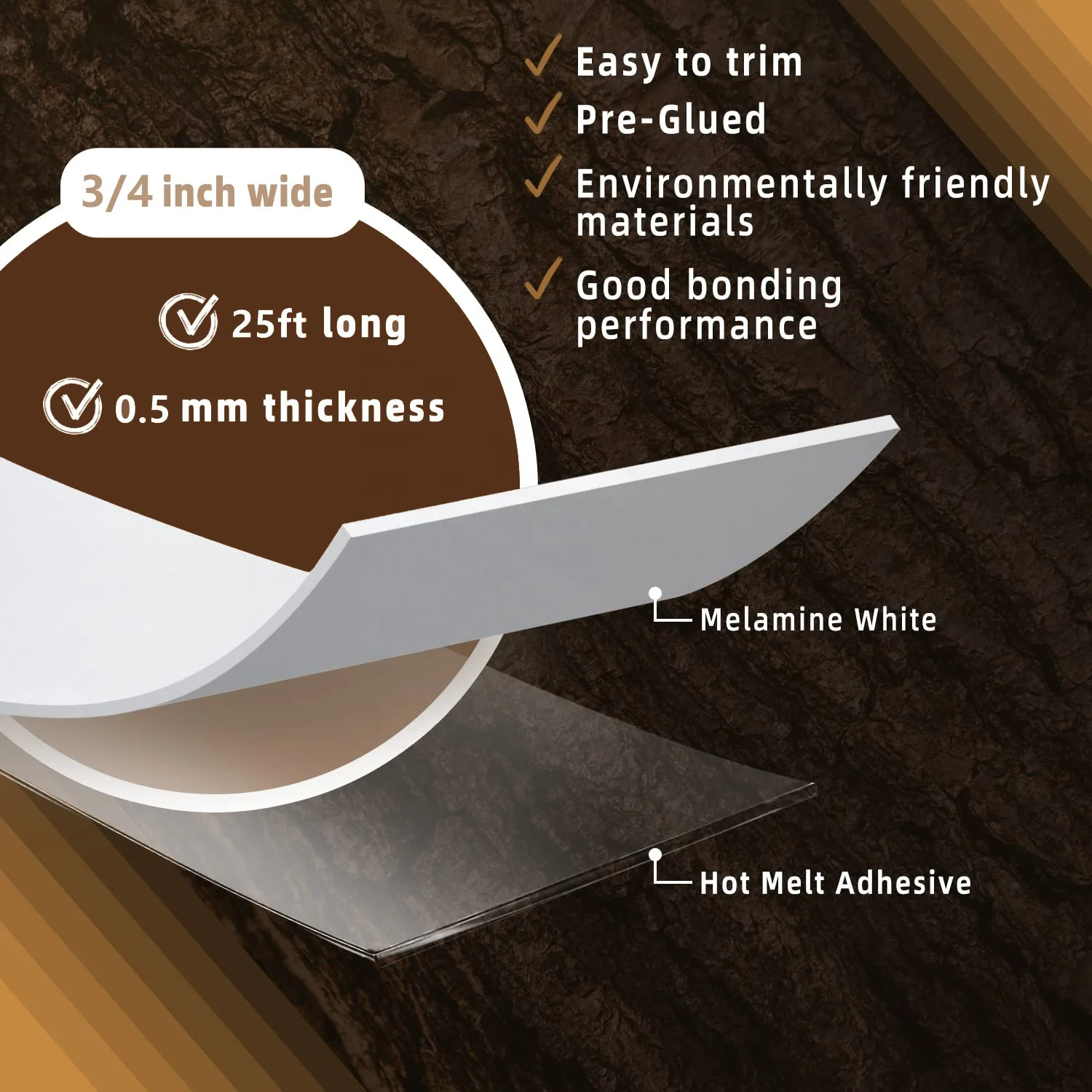 Melamine PVC Edge Banding, 3/4 inch x 25ft White Edge Banding with Hot Melt Adhesive Pre-glued Cabinet Edge Banding Flexible