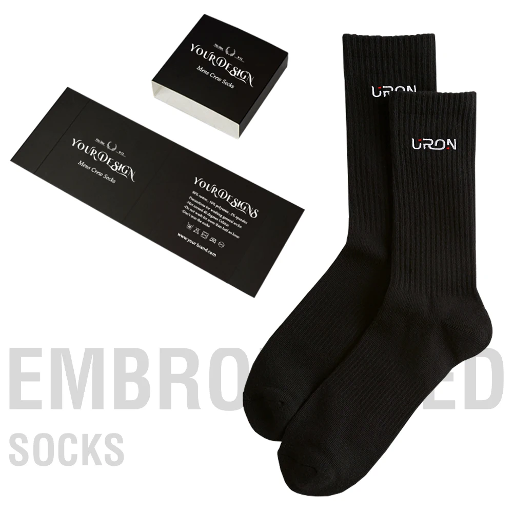New Design Own Custom Embroidered Knitted Crew Socks Custom Logo 100% Cotton Men Socks