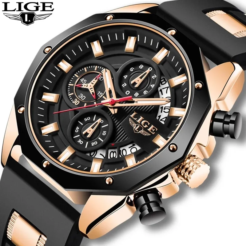 LIGE 8908 Casual Fashion Watches Man Sport Gift Silicagel Wrist Watch Men Watch Chronograph Relojes Hombre
