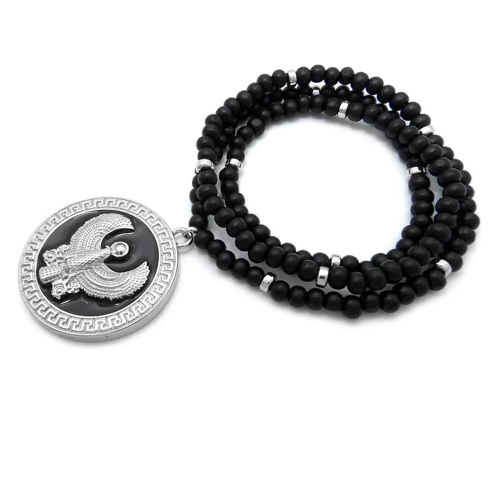 Hip Hop Egyptian Bird Pendant 8mm Wood Bead Chain Necklace