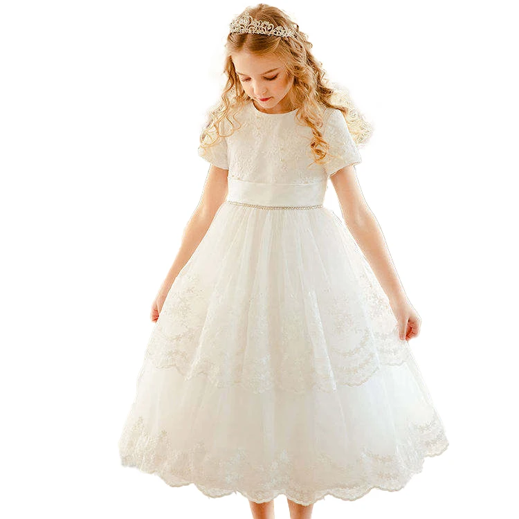 Luxury Princess Girls Party Dresses Flowers lace applique shot sleeve ball gown white flower girls dresses wedding