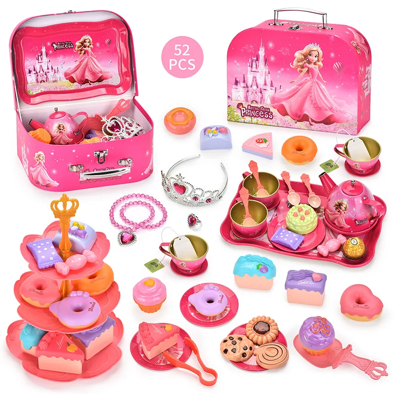 52pcs Princess Tea Party Set for Little Girls, Pretend Tin Teapot Set, Afternoon Tea Time Play Kitchen Toy Set for Kids gift