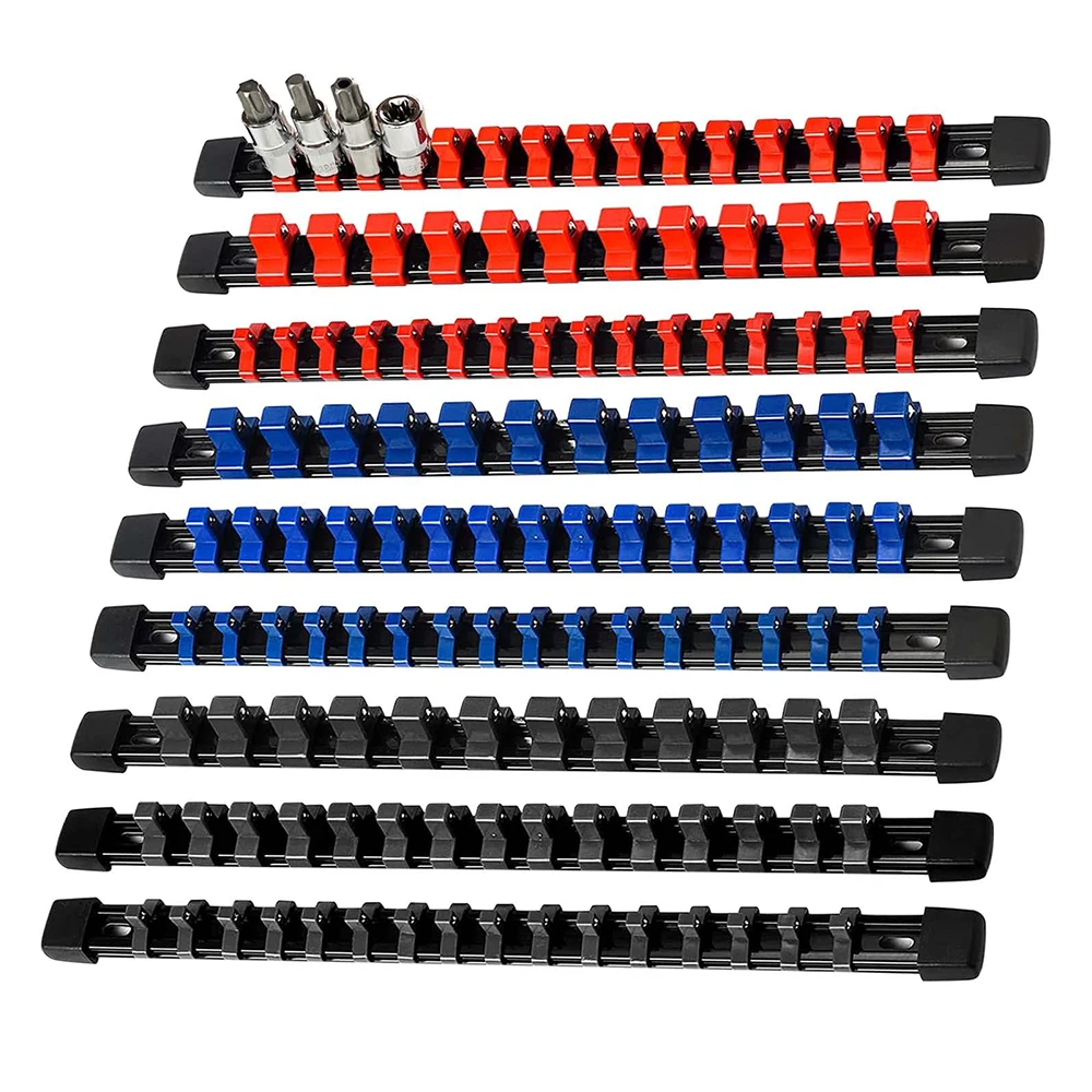 9-Piece Socket Tool Organizer Kit Standard Metric SAE 1/4 3/8 1 2 Inch Deep Size Holders for Socket Clips and Rails