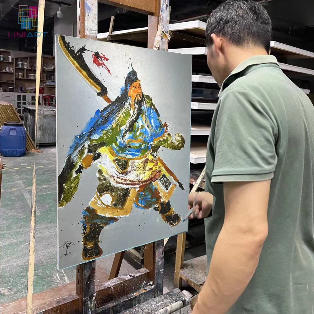UNIART китайский бог Гуань Юй картина маслом акриловое произведение чистый холст ручной работы для фойе