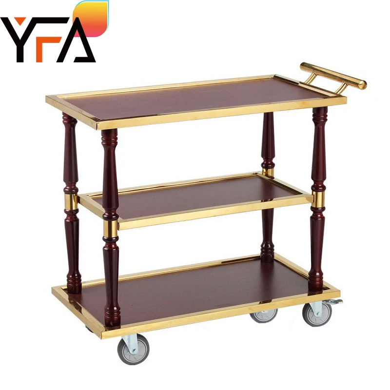 Luxury three-layer stainless steel solid wood multi-functional trolley, restaurant service food delivery cart