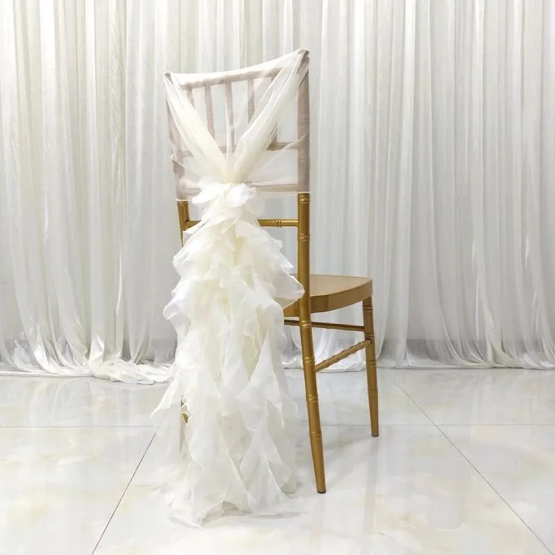 Romantic ruffle blush pink chivari chair cover curly willow chiffon chair sash for wedding