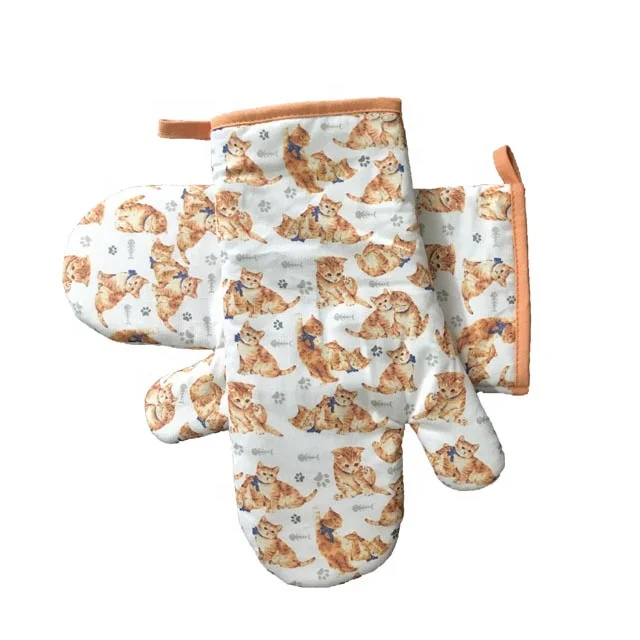 
Cat design microwave heat resistant baking kitchen 100% cotton custom printing oven mitts gloves for cooking 