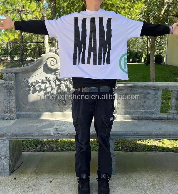 Dongguan manufacturers for customs clothes white graphic drop shoulder t-shirts screen print double layered long sleeve t shirt