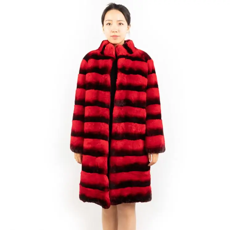 DH IATOYW hot style red color stand collar fur overcoat 90cm long winter warm women rex rabbit fur coat