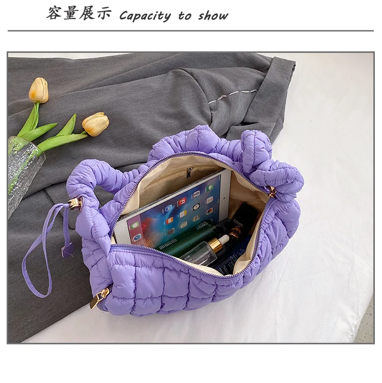High Quality Korean style soft Winter Padded Polyester Quilted puffy Fabric Women Handbag Softness Pleated Underarm Bag