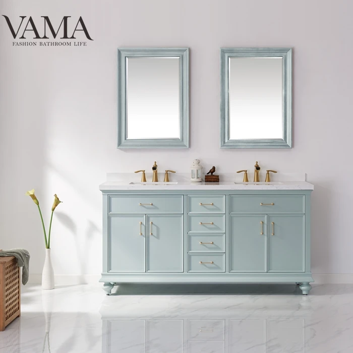 VAMA 72 inch italian plywood floor standing dual vanity bathroom cabinet with mirror in china