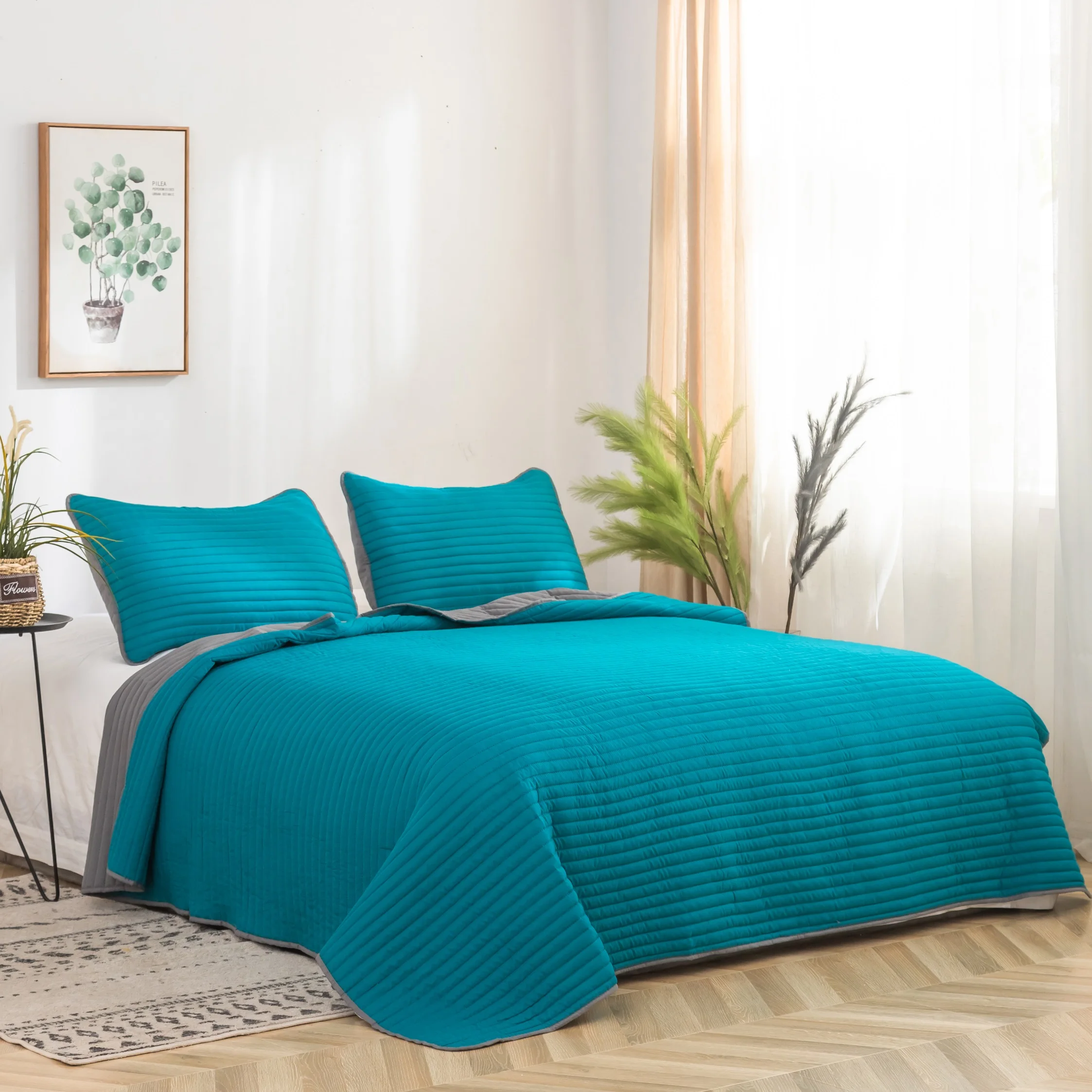
MOHAP High Quality Blue Color Solid Embossed Microfiber Quilt Set Dyed Bedspread Set 