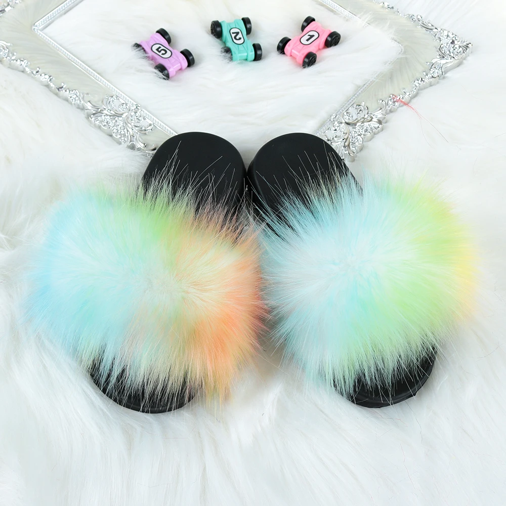 
Wholesale Fashion Custom Color Fluffy faux Fox Fur Slipper Furry Fur Slides For Kids 