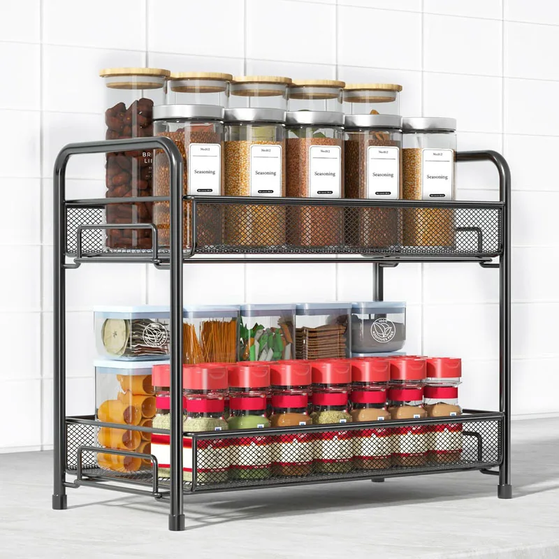 Hot Selling Black Kitchen Countertop 2-Tier Metal Mesh Spice Rack Organizer