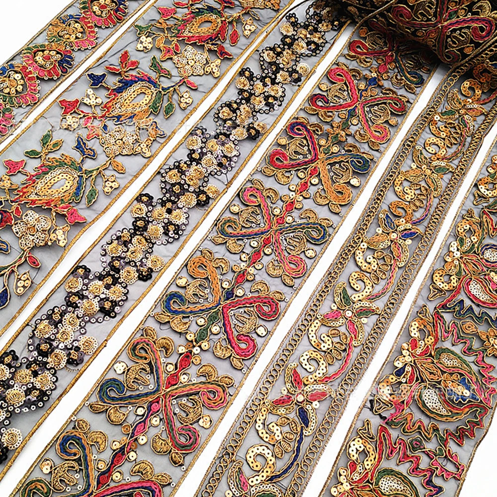 Wholesale Sparkle Colorful Embroidery Ribbon Gold Polyester Ethnic Style Sequin Lace