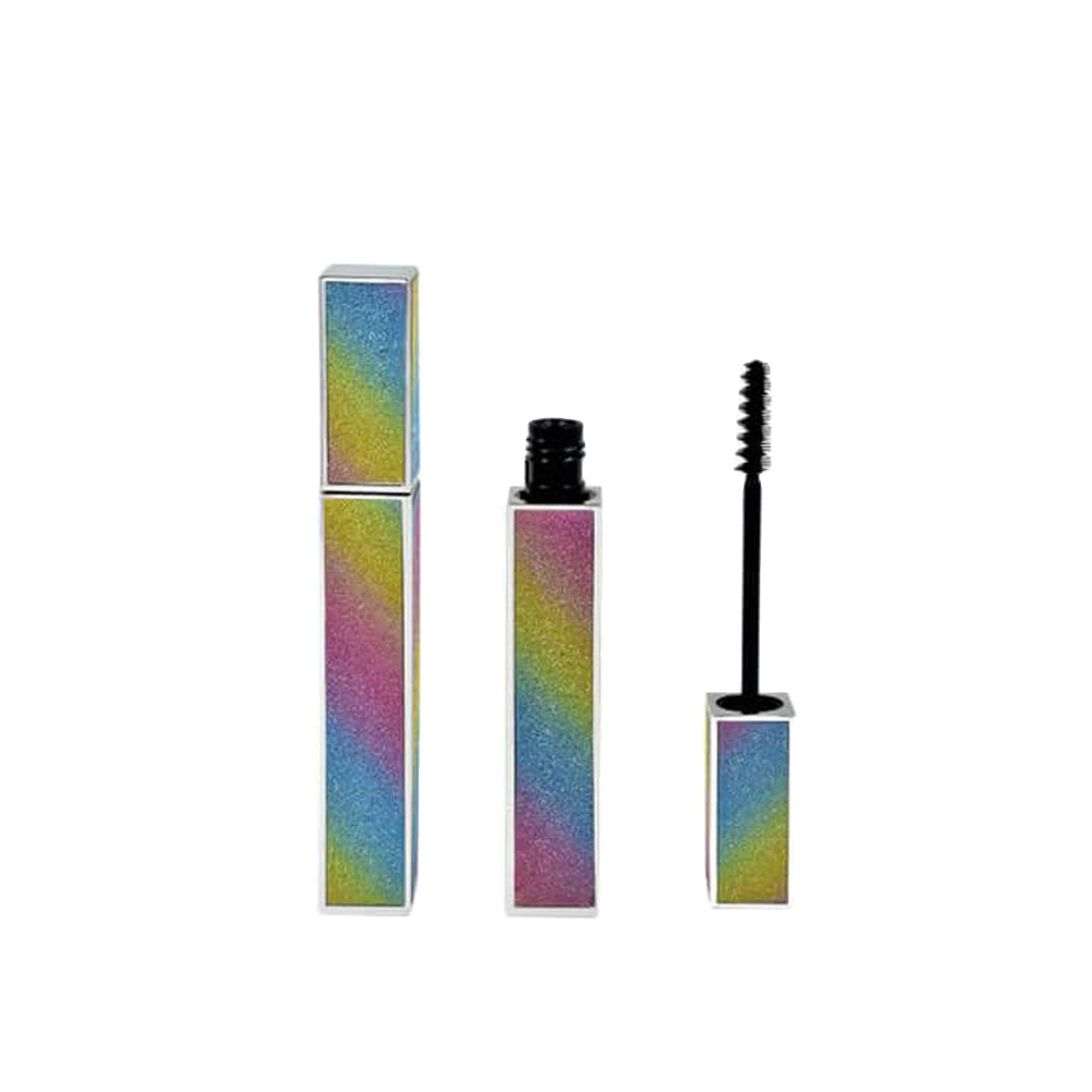 Shiny gitter rainbow square cosmetic packaging mascara eyelash tube with double color brush