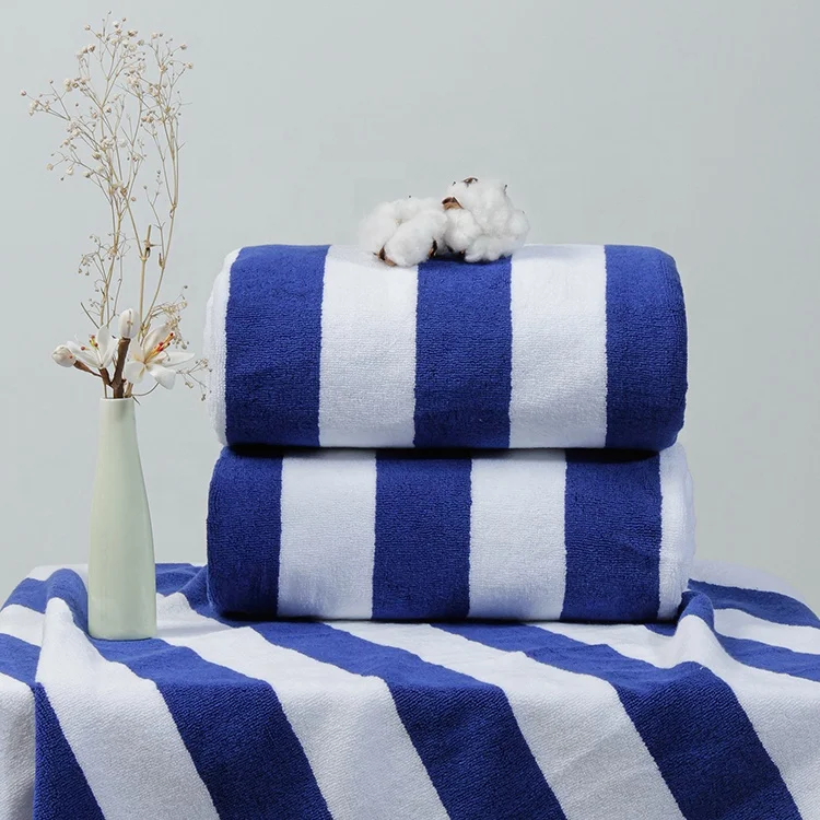 Blue Stripe Pool Towel 100%Cotton Striped Beach Towel 75*150CM 600G Hotel Beach Towel