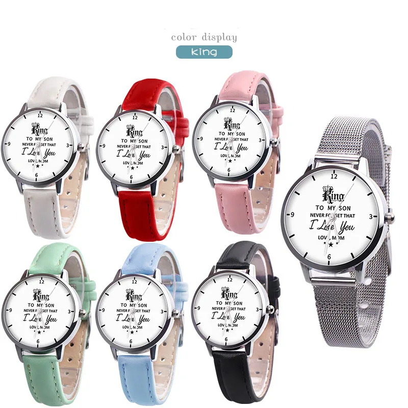 Relogio Feminino New Letter Mom King Queen Children Son Daughter Watches Kids Cute PU Leather Quartz Watch Gifts I Love You