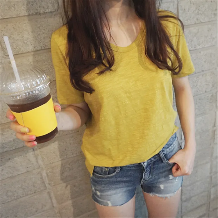 Женская повседневная одежда с О-образным вырезом, из хлопковой фасонной пряжи сплошной цвет пуловер с коротким рукавом OEM Пустой Логотип по индивидуальному заказу с вышивкой, футболка