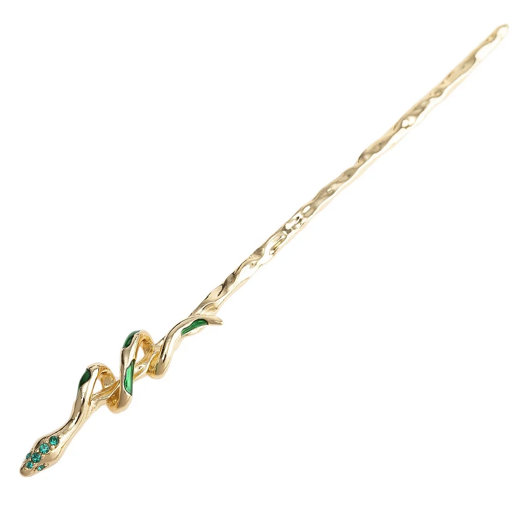 PDANY fashion snake hair chopstick stick metal pin with green rhinestone
