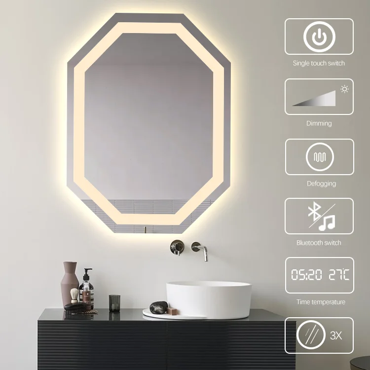 Hair Salon Irregular Glass Wall Mounted Defogger Silver French Luxury LED Bathroom Mirror