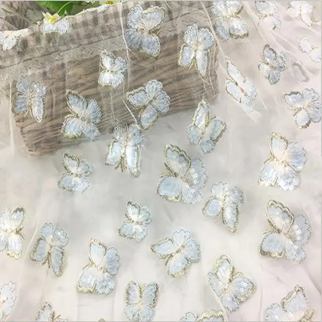 New fashion custom blue and red sequin butterfly embroidered lace fabric For Wedding Dress