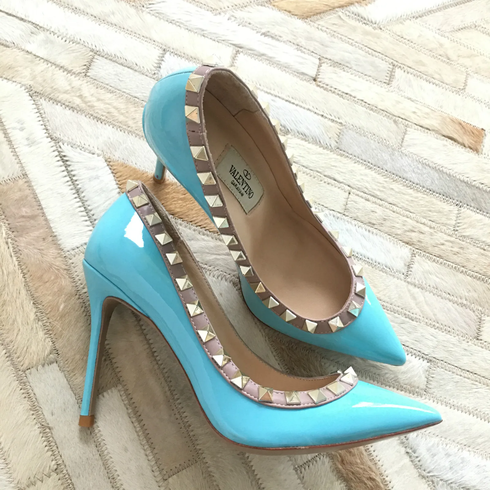 
Blue Patent Gold Rivets Mules 10cm Heel Ladies Shoes Women 