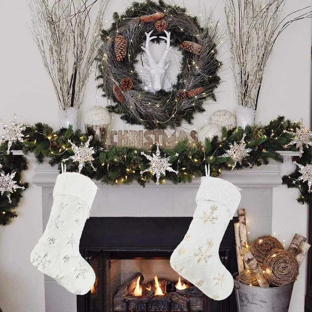 Large size sublimated white plush embroidered snowflake Christmas stocking custom made